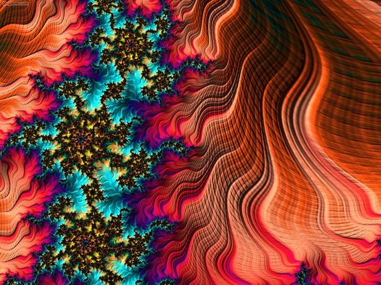 Multiple fractal self-similar spiky shapes with red/maroon/orange flame patterning
