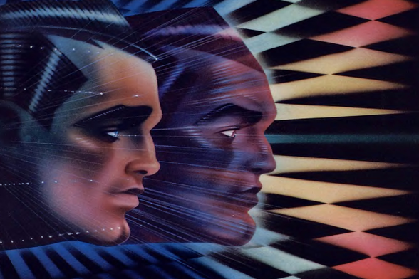 1983 Futuristic Digital Collage

The image is a digital artwork that features two profiles of men merged together with abstract, geometric patterns and lines creating a sense of motion around their faces.
One profile has dark skin tones while the other appears to be lighter in complexion.
