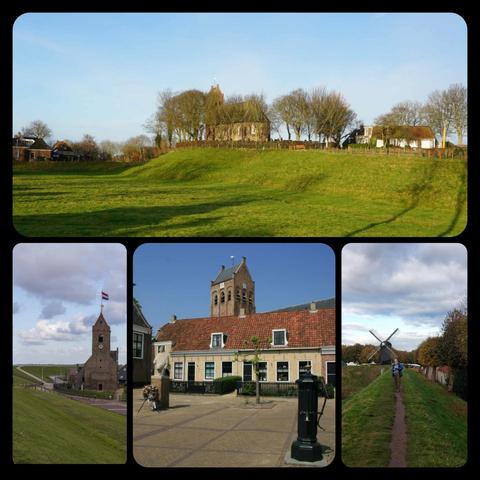 Collage of Terp Hegebeintum, Wierum Church, Ferwerd Church and Market Square, Bob on a rampart of Bourtange with a windmill in the back