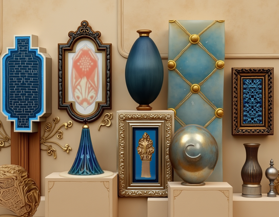 A collection of framed and displayed decorative artifacts in various shapes and colors, mostly teals and metallic, against a neutral tan background.