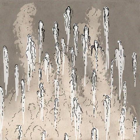 A rough sketch of drop-like, nebulous clouds rising upwards. The drops look vaguely like developing tadpoles with legs and long tails. In the background are more clouds that look like elodea (a type of water plant).