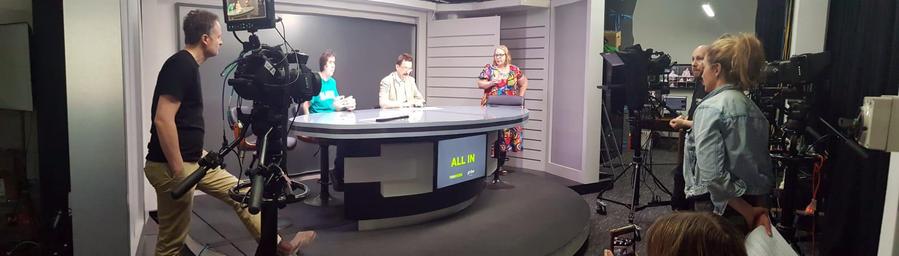 Cast and crew of 'All In' getting ready to shoot in the studio, at Channel 31