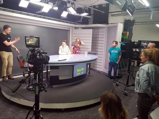 The studio at Channel 31 with the cast and crew of 'All In,' getting ready