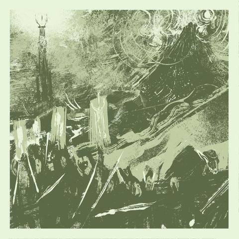 an abstract depiction of Mordor, with marching armies of orcs and goblins with war banners. Mt Doom on the right exploding.