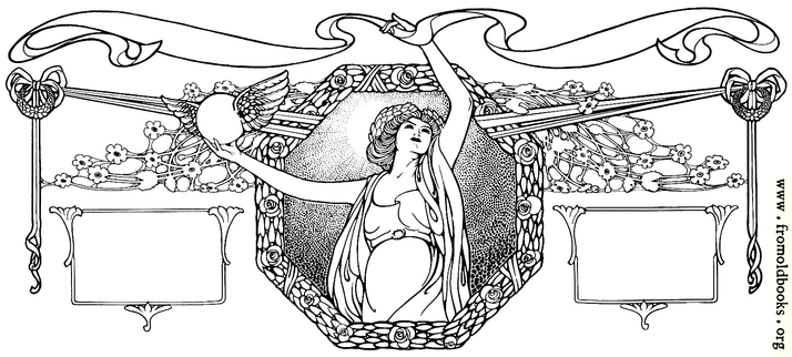 line drawing with a woman seen from below, her thigh prominent, holding up a ball wings, and banners and borders, including an octagonal border with roses.
