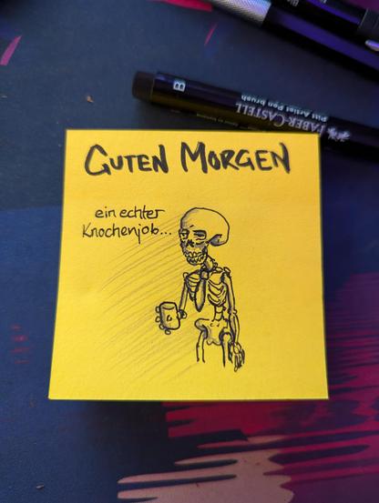 Ein Skelett mit Kaffeetasse in der Hand und einer Krawatte um den Hals hat einen echten Knochenjob