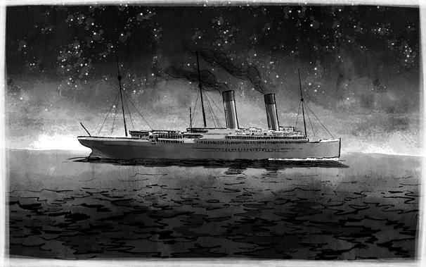 A black and white illustration of a large ship with two smokestacks, sailing on a dark ocean under a starry sky.