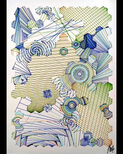 A deeply intricate pen plotter piece inspired by wave function collapse. Its dynamic, sweeping lines and swirling intersections echo the chaos of a mind struggling in the storm. The layers of lines symbolize descent, revealing the intricate, uncontrollable patterns of thought, emotion, and the universe. The artwork's abstract nature allows the viewer to feel the intensity of forces beyond control, blending physical and mental states into one visual narrative.