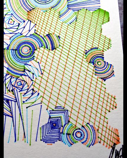 A deeply intricate pen plotter piece inspired by wave function collapse. Its dynamic, sweeping lines and swirling intersections echo the chaos of a mind struggling in the storm. The layers of lines symbolize descent, revealing the intricate, uncontrollable patterns of thought, emotion, and the universe. The artwork's abstract nature allows the viewer to feel the intensity of forces beyond control, blending physical and mental states into one visual narrative.