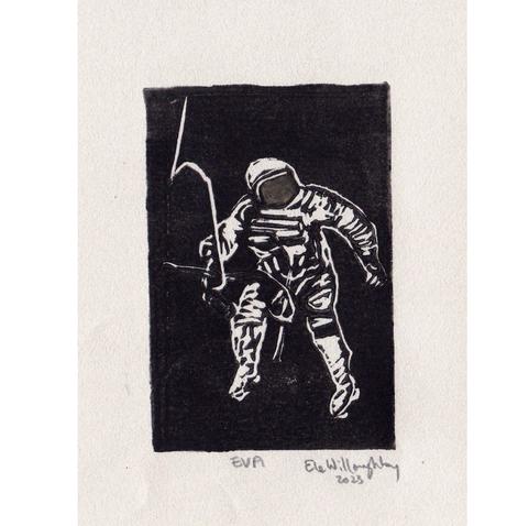 Tiny astronaut on a spacewalk linocut printed in black ink with a hint of gold on the visor, on shiny white paper with a pearlescent sheen.
