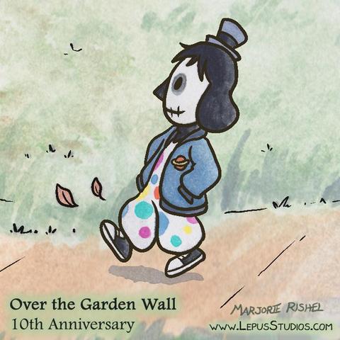 A girl in a clown costume and dark blue jacket walks along a path. Based on Sara from the cartoon mini-series, Over the Garden Wall.