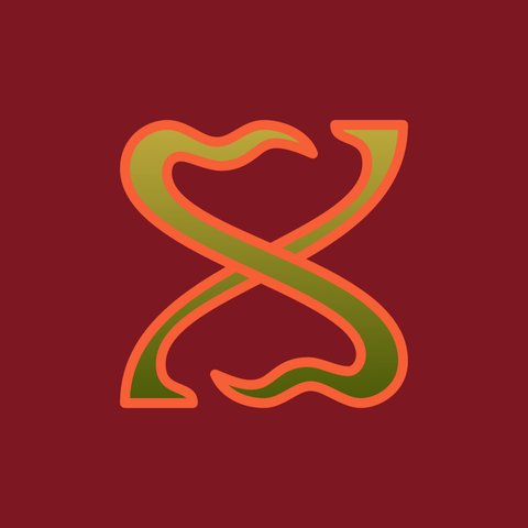 An Art Nouveau style capital letter X in a green gradient, outlined in bright orange, on a deep magenta background