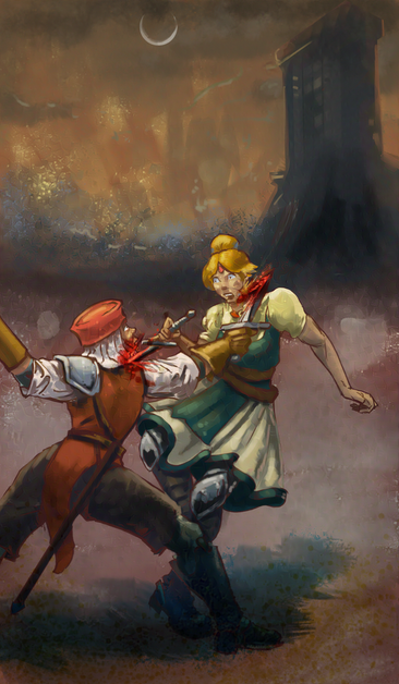 Two women in renaissance garb fight with knives in an arena of sorts. They have just wounded each other in the neck, and are shock, surprised and about to die.