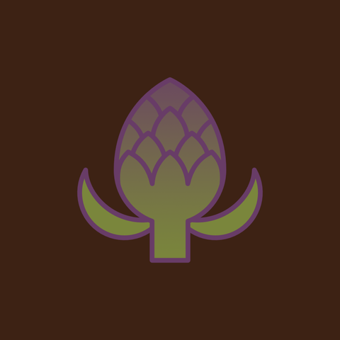 An illustration of an artichoke in green and purple on a brown background