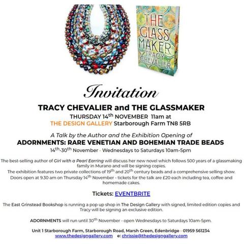 Tracy Chevalier, the best-selling author of ‘Girl with a Pearl Earring’, will be giving a talk about her latest novel ‘The Glassmaker’ on Thursday 14th November at thedesigngallery.com
 https://www.eventbrite.com/e/tracy-chevalier-book-launch-and-venetian-beads-exhibition-tickets-1037885301877 

#BeadSocietyGB #Beads #HistoryOfBeads #TracyChevalier