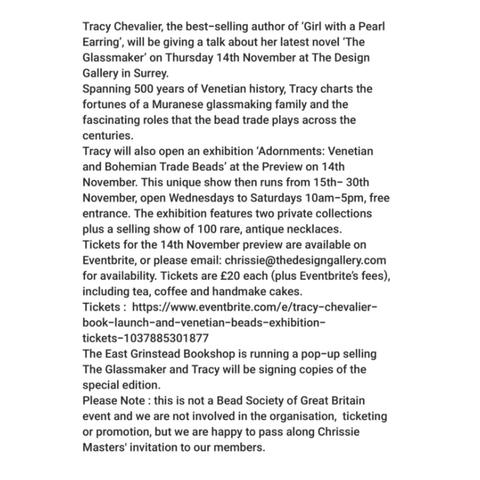 Tracy Chevalier, the best-selling author of ‘Girl with a Pearl Earring’, will be giving a talk about her latest novel ‘The Glassmaker’ on Thursday 14th November at thedesigngallery.com
 https://www.eventbrite.com/e/tracy-chevalier-book-launch-and-venetian-beads-exhibition-tickets-1037885301877 

#BeadSocietyGB #Beads #HistoryOfBeads #TracyChevalier