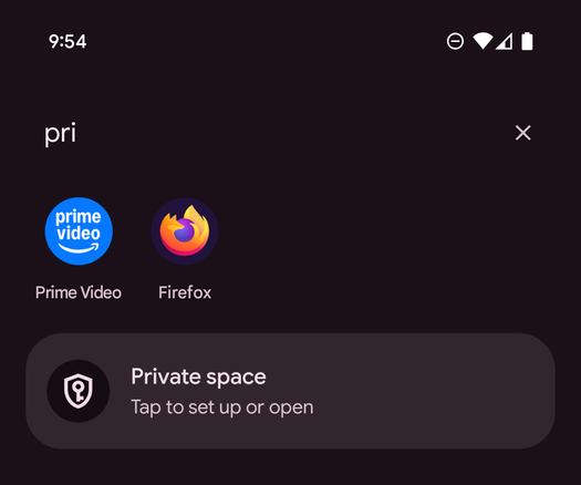 Pixel launcher's search screen showing Prime Video and Firefox app icons after typing "priv"