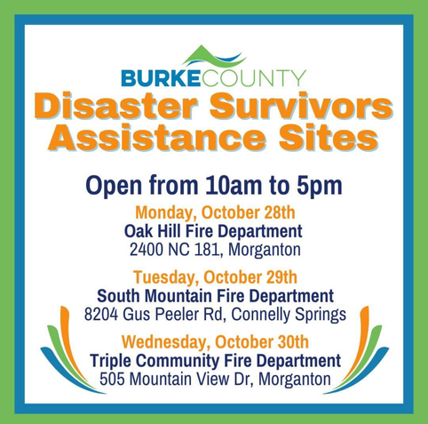 Graphic showing Disaster Survivors Assistance Sites available in Burke County North Carolina.