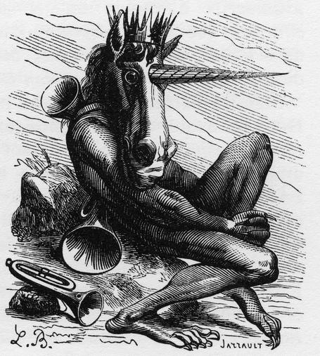 The demonic duke Amdusias, as depicted by Louis Le Breton, from Jacques Collin de Plancy's "Dictionnaire Infernal."