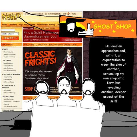 The Longest Johns is shown standing outside a shop that is a website listing 'Classic Frights' and seasonal spooky costumes for all ages. A banner hangs above, whereupon a black-robed figure gives a reassuring thumbs-up, next to the text 'GHOST SHOP'. The Longest Johns is saying "Hallowe'en approaches and, with it, an expectation to wear the skin of another, concealing my own enigmatic form but revealing another, deeper aspect of the self!"
