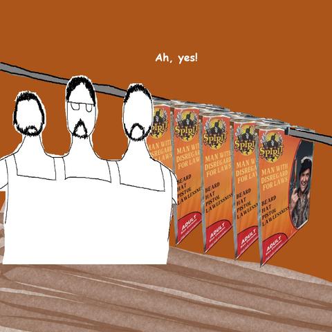 This panel shows The Longest Johns now stood within the shop, against an orange wall and a rail containing a nonvariety of Halloween costume, titled "Man with disregard for laws". The costume contains Beard, Hat, Pistol, Lawlessness. The representative figure is a jolly fellow wearing a hat, two pistols, a beard, and fancy clothes (not contained). The Longest Johns is saying "ah, yes!"