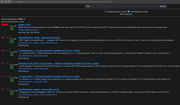 Screensot of a browser window, showing a search interface with a search for “FAQ” and the search results show pages from the tipidee and GHC software projects. Search took 0.000116 seconds