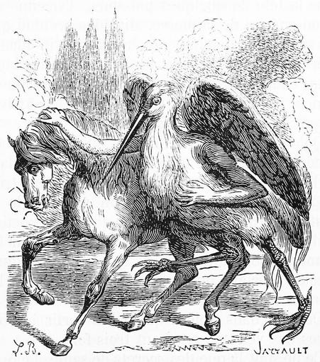 Shax, a stork-headed marquis of Hell. As depicted by Louis Le Breton, from Jacques Collin de Plancy's "Dictionnaire Infernal."