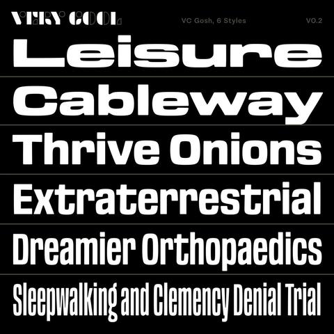 Type specimen of Gosh by Very Cool Studio, showing example settings in various widths.