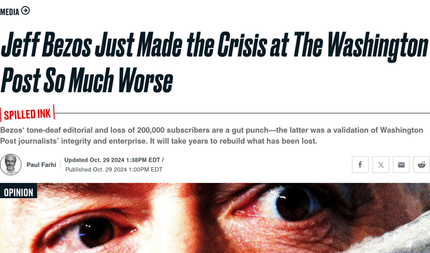 Daily Beast Headline that reads:  Jeff Bezos Just Made the Crisis at The Washington Post So Much Worse