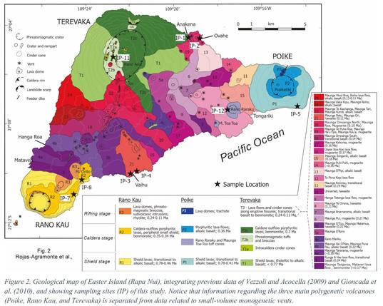 Geological map of Easter Island (Rapa Nui) - integrating previous data of Vezzoli and Acocella (2009) and Gioncada et al. (2010), and showing sampling sites (IP) of this study. Notice that information regarding the three main polygenetic volcanoes (Poike, Rano Kau, and Terevaka) is separated from data related to small-volume monogenetic vents.