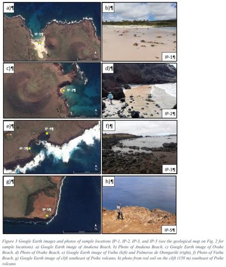 aerial images - Google Earth images and photos of sample locations IP-1, IP-2, IP-3, and IP-5 (see the geological map on Fig. 2 for sample locations). a) Google Earth image of Anakena Beach, b) Photo of Anakena Beach, c) Google Earth image of Ovahe Beach, d) Photo of Ovahe Beach, e) Google Earth image of Vaihu (left) and Palmeras de Otongariki (right), f) Photo of Vaihu Beach, g) Google Earth image of clift southeast of Poike volcano, h) photo from red soil on the clift (150 m) southeast of Poike volcano