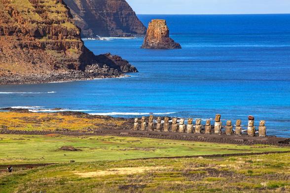 photo - Easter Island statues on the foreshore, volcanics in evidence, Rapa Nui