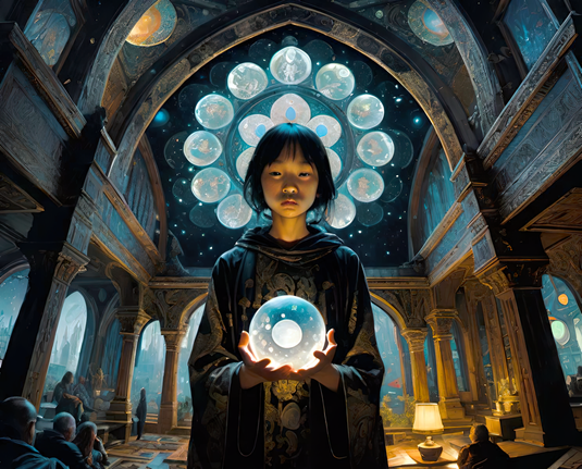 a photographic depiction of a young orb-haloed humanoid acolyte holding yet another mysterious orb, as they do, while an important presentation is delivered in the improbably designed cathedralesque meeting hall in the background