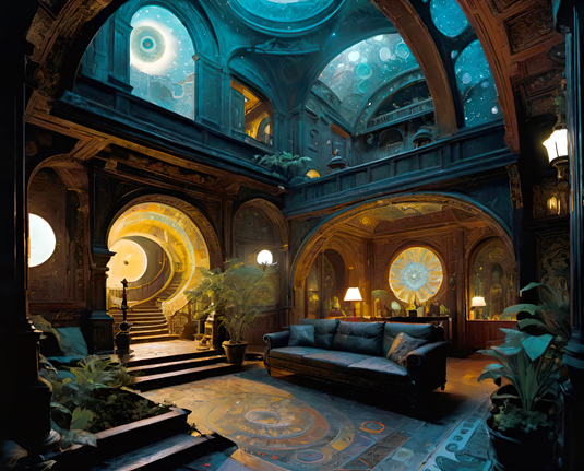 a photographic depiction of a high-ceilinged sunken living room featuring a comfy sofa and a vegetation-adorned fountain as a focal point
