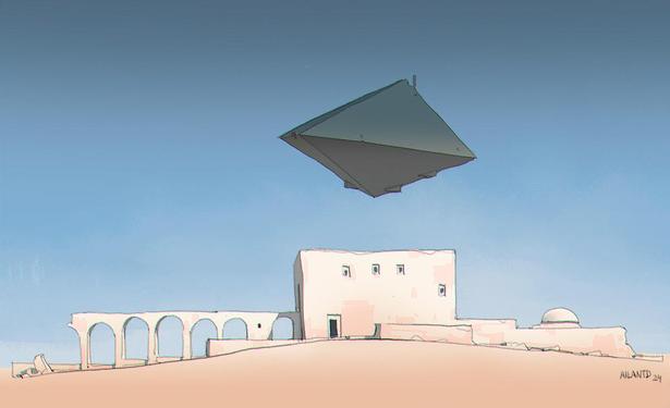 Floating object over a building. Drawing.