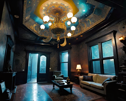 a photographic depiction of an ornate lounging area with comfy furniture and a coffee table