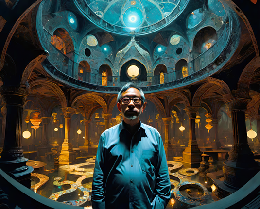 a photographic depiction of a humanoid individual standing before an ornate lobby space/rotunda with a tiered dome overhead