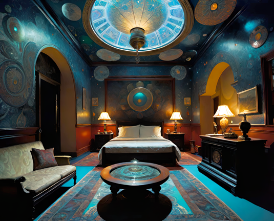 a photographic depiction of an ornate bedroom in a suite with arched passageways and a small seating area