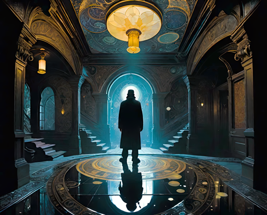 a photographic depiction of an ornate hallways space with matched stairways visible at the far end and a centrally located silhouetted humanoid individual for scale