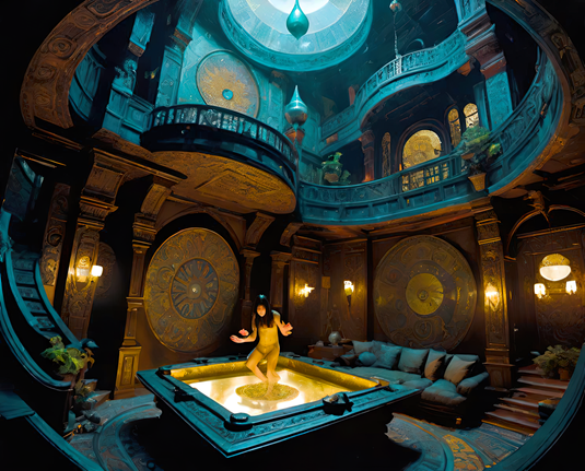 a photographic depiction of an ornate lobby space in a multistory building with a central square fountain featuring a statue of a humanoid individual in a dancing pose and mezzanine visible above