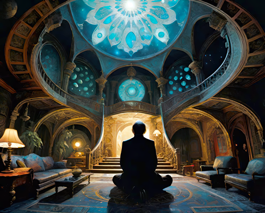 a photographic depiction of an ornate sitting room in a nursery space with a seated adult humanoid individual on the floor in the center to demonstrate the scale