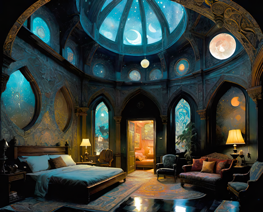 a photographic depiction of aon ornate bedroom with a high domed ceiling and a comfy seating group