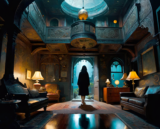 a photographic depiction of an ornate living room space, two-story with a visible mezzanine, comfy furniture, and a humanoid individual in the center (facing away) for scale