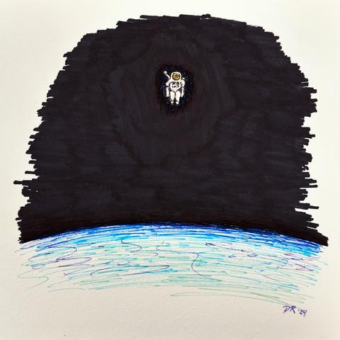 ALONE IN THE VASTNESS by Danielle Rose Baker. A marker illustration of astronaut Bruce McCandless II on the first untethered spacewalk as part of STS-41-B, February 1984. An astronaut in a white suit floats free above the curvature of the blue atmosphere and cloudy skies of Earth, the blackness of vacuum surrounding him and dominating the scene.
