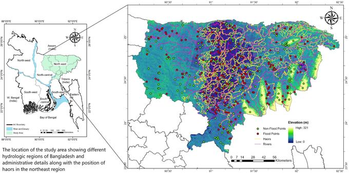 maps  - The location of the study area showing different hydrologic regions of Bangladesh and administrative details along with the position of haors in the northeast region