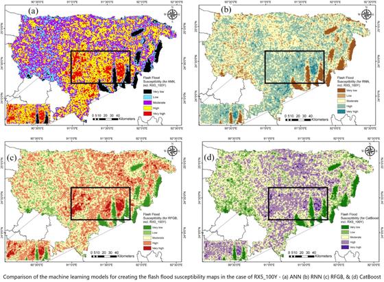 maps -  comparison of the machine learning models [results] for creating the flash flood susceptibility maps in the case of RX5_100Y - (a) ANN (b) RNN (c) RFGB, and (d) CatBoost