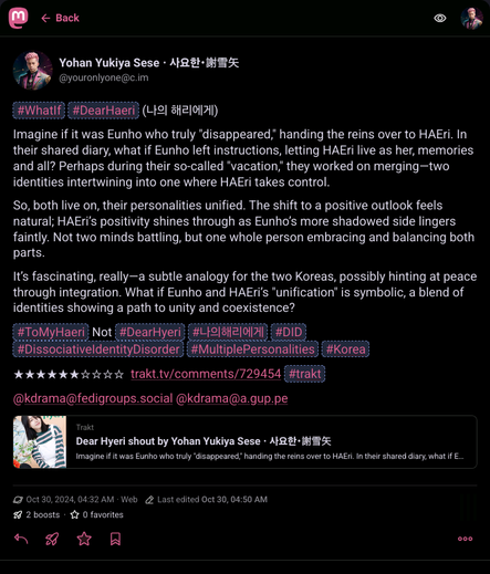 A screenshot of my long-post explaining a what-if scenario about the Kdrama "Dear Haeri".