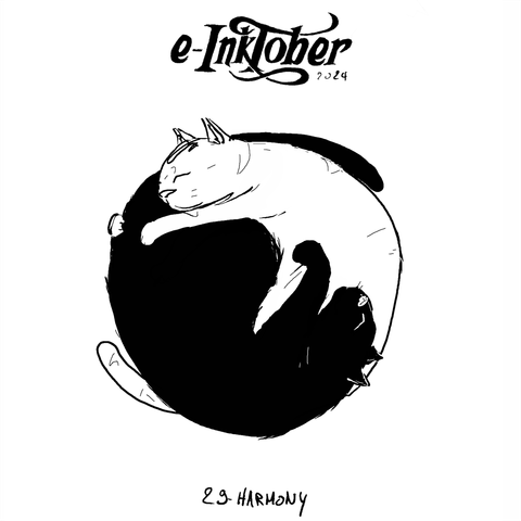 A black and white drawing of a black cat and a white cat sleeping together in a circle reminding a ying yang sign.