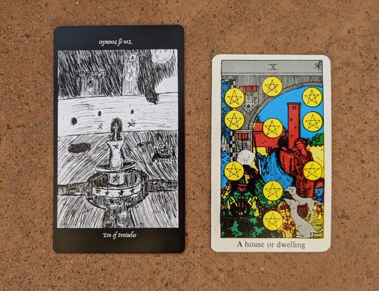 The Ten of Pentacles from the Elsewhere Tarot, showing a rough, sketchy drawing of a tower in the distance with someone looking out a window, a central structure in the foreground that might be fountain, or some other vertical structure, with roads or canals at the cardinal points, a pit, and some sort of enclosure with a picket fence, alongside the Ten of Pentacles from a janky, bootleg RWS deck, showing an old family patriarch with the lush estate he’s built and his heirs who will inherit him.
