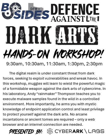 The digital realm is under constant threat from dark forces, seeking to exploit vulnerabilities and wreak havoc. In this workshop, muggles will learn to wield the powerful magic of a formidable weapon against the dark arts of cybercrime. In his laboratory, Andy “rainmaker” Thompson teaches you to execute malware samples found in the wild in a controlled environment. More importantly, he arms you with mystic knowledge of endpoint application control and least privilege to protect yourself against the dark arts. No arcane incantations or ancient tomes are required – only a web browser and an internet connection are needed.